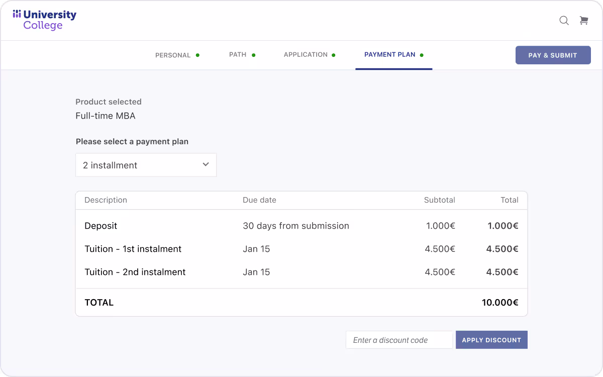 University College payment plan page showing Full-time MBA with 2 installment option, listing deposit of 1,000€, tuition installments of 4,500€ each, total 10,000€. University College payment plan page showing Full-time MBA with 2 installment option, listing deposit of 1,000€, tuition installments of 4,500€ each, total 10,000€.