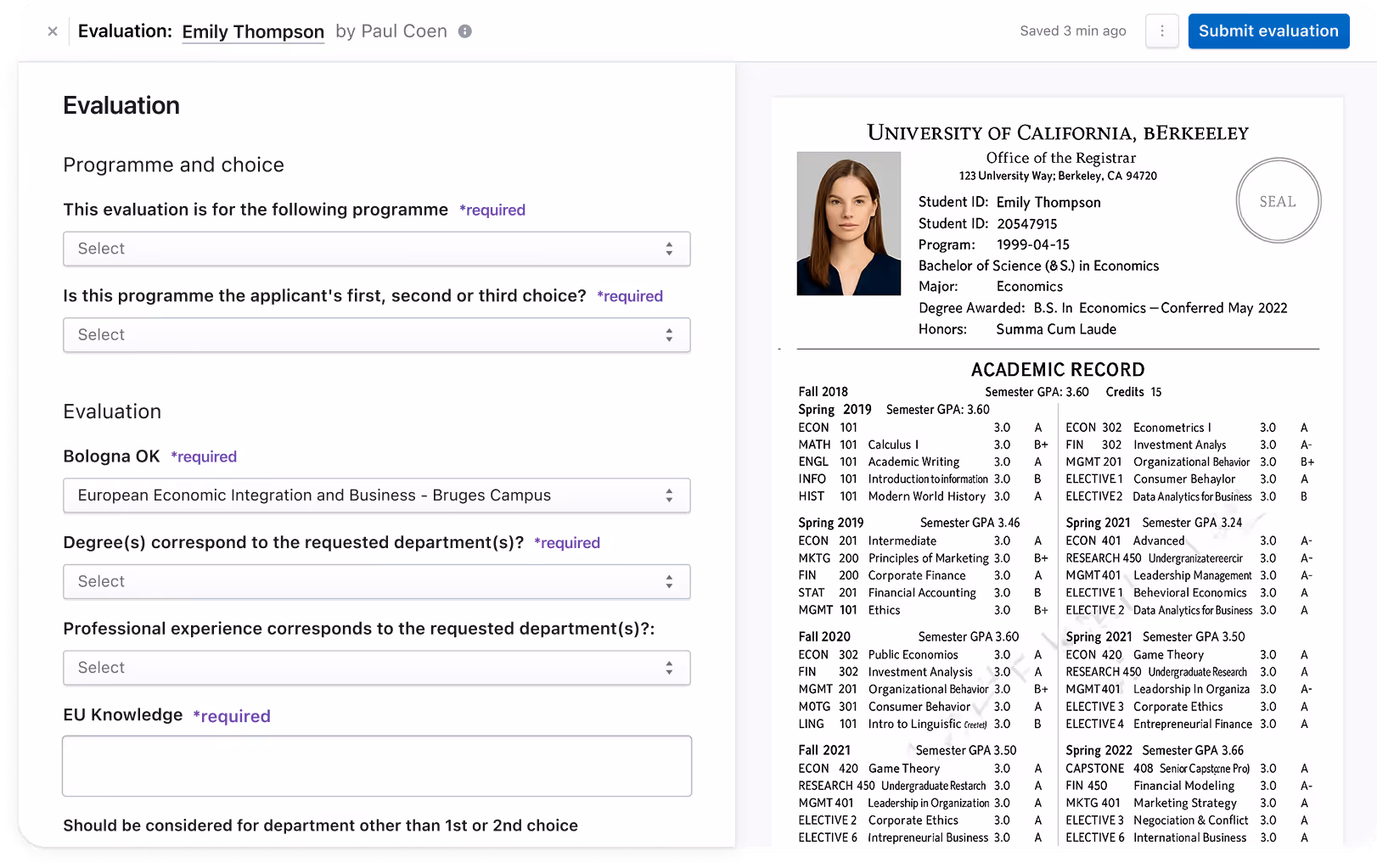 University of California, Berkeley academic evaluation interface showing evaluation form on left and a detailed academic transcript of Emily Thompson on right. University of California, Berkeley academic evaluation interface showing evaluation form on left and a detailed academic transcript of Emily Thompson on right.