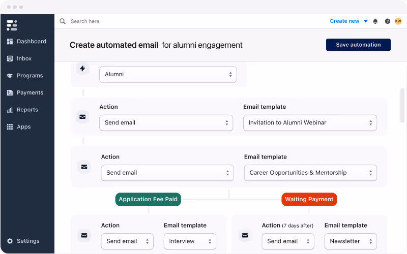 Dashboard screen showing automation setup for alumni engagement with email actions and templates based on application fee paid or waiting payment status. Dashboard screen showing automation setup for alumni engagement with email actions and templates based on application fee paid or waiting payment status.