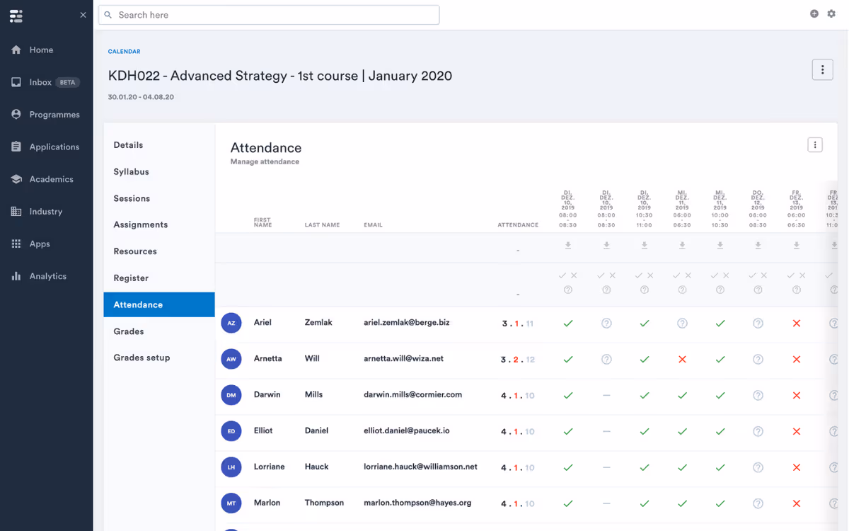 Attendance management dashboard for KDH022 - Advanced Strategy 1st course January 2020 showing student names, emails, and detailed attendance marks across multiple dates in December 2019. Attendance management dashboard for KDH022 - Advanced Strategy 1st course January 2020 showing student names, emails, and detailed attendance marks across multiple dates in December 2019.