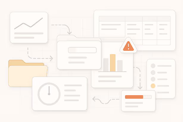 Diagram of interconnected dashboard elements including charts, graphs, a folder icon, warning symbol, and progress bars on a light grid background. Diagram of interconnected dashboard elements including charts, graphs, a folder icon, warning symbol, and progress bars on a light grid background.