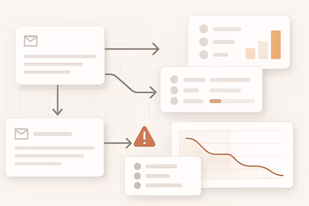 Flowchart showing email messages leading to data charts and a warning icon indicating an issue in the process. Flowchart showing email messages leading to data charts and a warning icon indicating an issue in the process.
