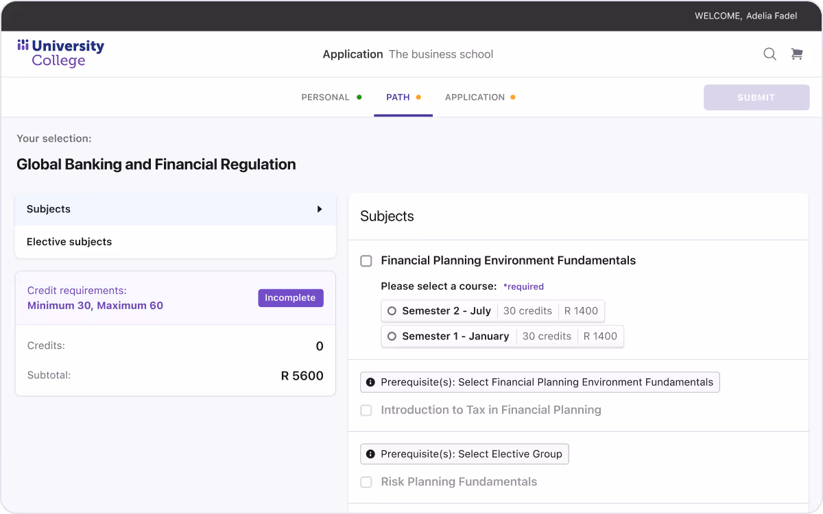 University College application page showing subject selection for Global Banking and Financial Regulation with course options for Financial Planning Environment Fundamentals and elective subjects. University College application page showing subject selection for Global Banking and Financial Regulation with course options for Financial Planning Environment Fundamentals and elective subjects.