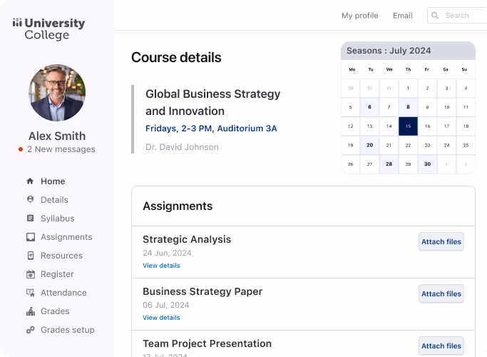University College student profile for Alex Smith showing course details for Global Business Strategy and Innovation, a July 2024 calendar, and assignment list with attach files options. University College student profile for Alex Smith showing course details for Global Business Strategy and Innovation, a July 2024 calendar, and assignment list with attach files options.